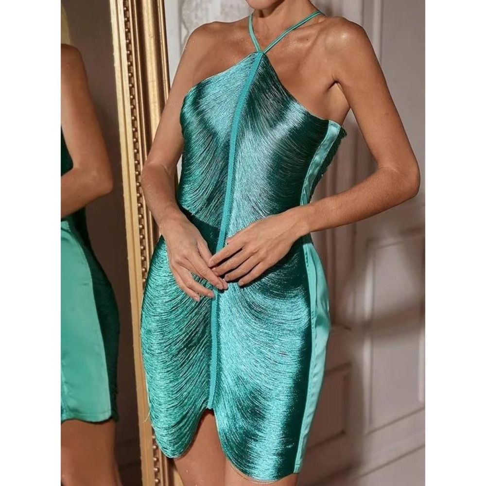 Mew Mews Bluma Fringe Halter Dress Women Small Teal Green Flapper Gatsby Glam